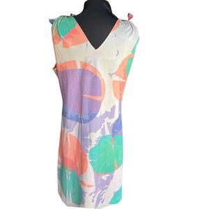 Reversible Abstract Floral Geometric V-Neck Tie Shoulder Shift Dress Multicolor